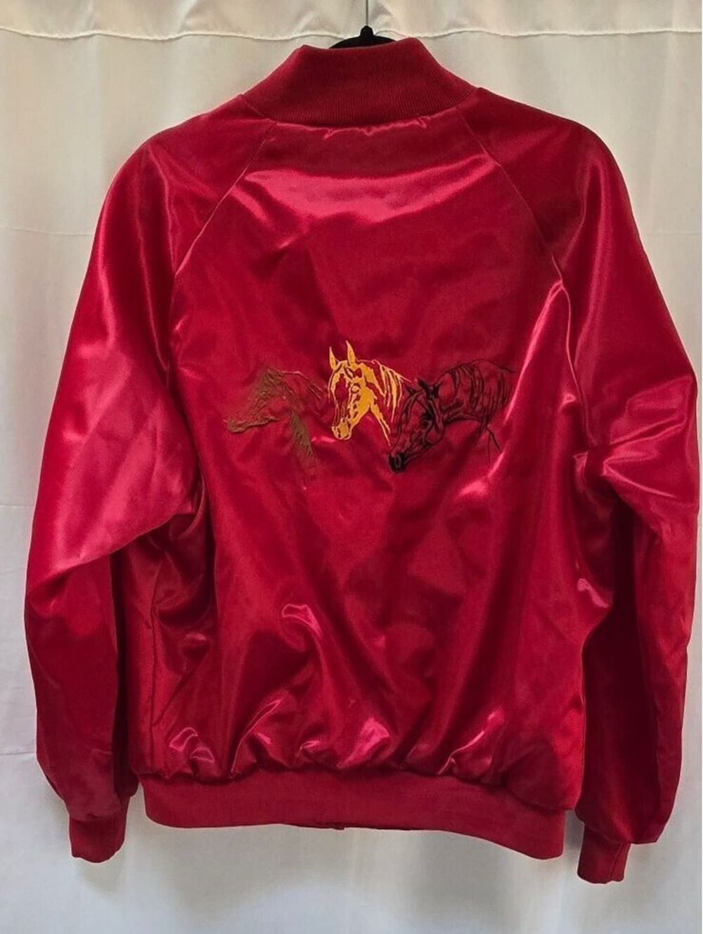 Vintage WestArk USA Red Satin Horse Embroidered Bomber Jacket Andrea L